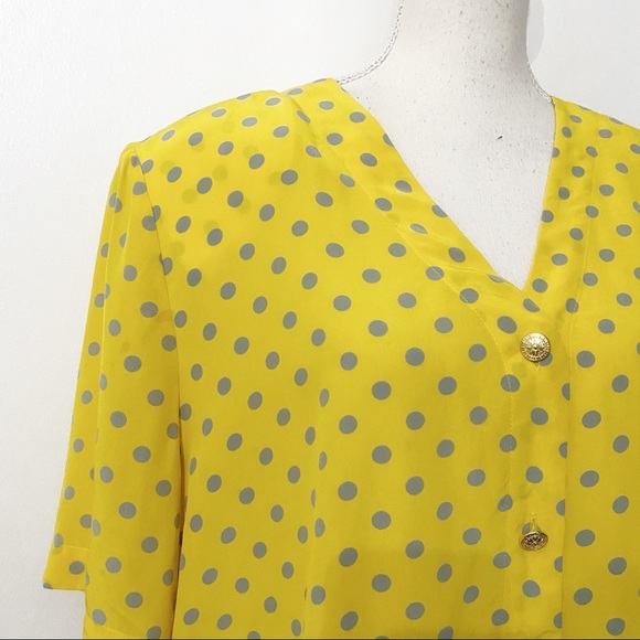 𝅺ANTHROPOLOGIE PAUL COSTELLOE 100% SILK YELLOW GREY DOTS BUTTON FRONT BLOUSE - Picture 4 of 8